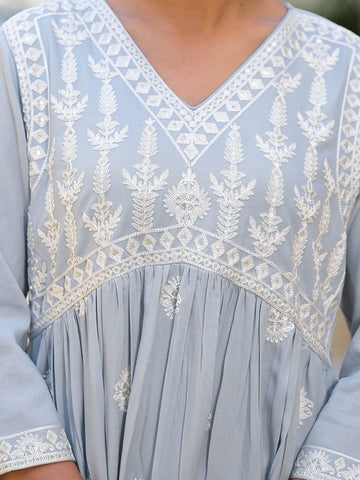 Varanga Women V Neck Embroiderd A Line Kurta Paired With Tonal Bottom And Chiffon Dupatta